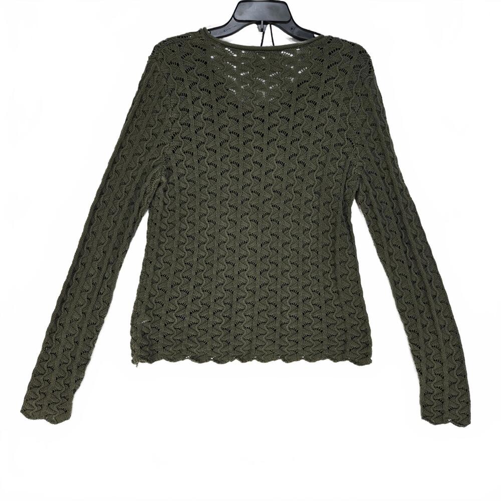 Charter Club Olive Green Cotton Pointelle Knit Sweater L V-Neck Scalloped Boho - Picture 2 of 8